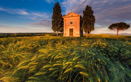 Tuscany Chapel - clouds, trees, sunset, fields, landscape, italy, sky