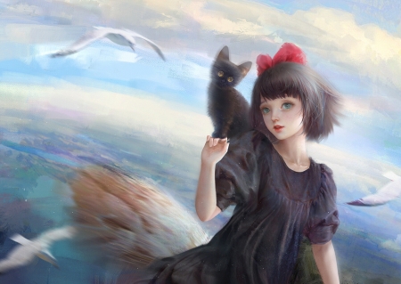 Kiki - user 23385, girl, gigi, cat, superb, witch, black, frumusete, fantasy, gorgeous, user23385, kiki, art, luminos