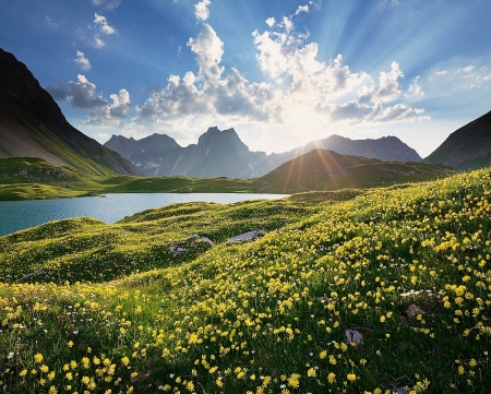 Austria - flowers, lake, meadow, sky