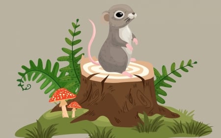 Mouse on Stump - ferns, stump, mushrooms, vector, mouse