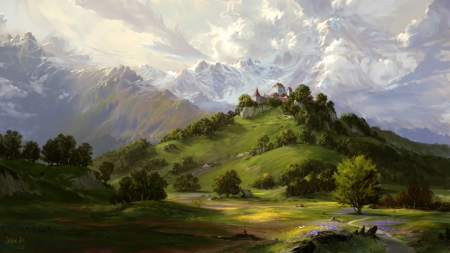 monastery painting - grass land, chapel, snow, trees, mountains