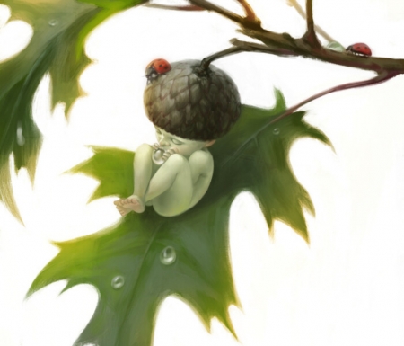 Acorn baby  by Veronika Fedorova - sweet, ladybug, art, baby, veronika fedorova, adybug, drop, fantasy, green, acorn, fruit, leaf, luminos, water, dew, child