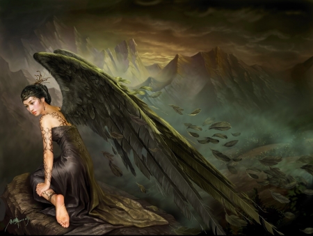 Fallen angel - black, tang yuehui, fantasy, wings, angel, fallen, dark, luminos