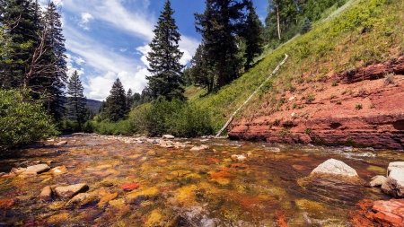 Crystal Clear & Vibrant Colored Rocky Mountain Stream Near Rico, Colorado - clouds, mountans, rocks, sky, stones, trees, usa, water