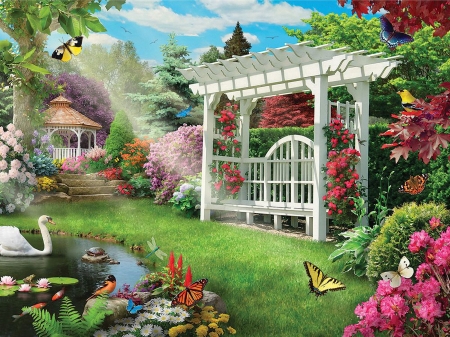 Gardens Galore - flowers, trees, birds, gazebo, digital, butterflies, artwork, bench