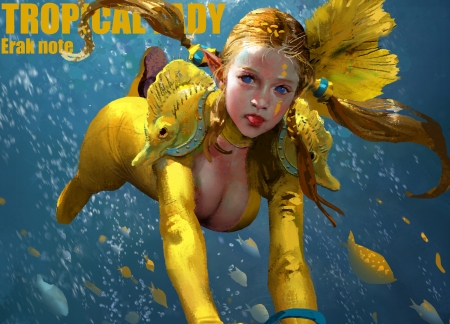 Mermaid - art, blue, erak note, fantasy, girl, luminos, mermaid, siren, summer, underwater, vara, water, yellow