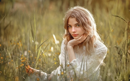 Girl in Meadow - pretty, blonde, girl, meadow