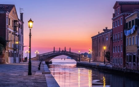 Venice, Italy - Venice, lanterns, twilight, canal, houses, bridge