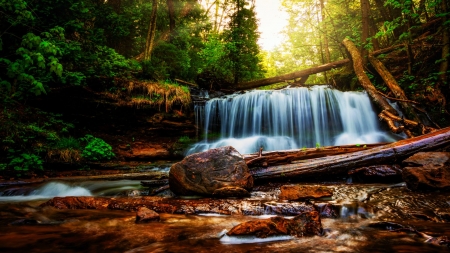 Wagner Falls in Michigan's upper peninsula - usa, river, trees, cascade, forest, stones, rocks