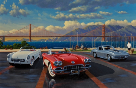 Golden Gate Corvettes - cars, bridge, oldies, san francisco, golden gate, corvettes