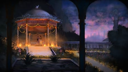 Romantic moment - night, gazebo, lovers, dark, rohan adel, fantasy, light, pavilion, moment, couple, arabian, romantic, luminos