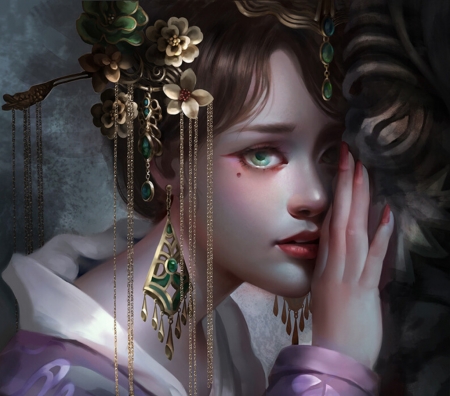 Girl - frumusete, kimono, asian, art, dreamingfire rotheus, gorgeous, girl, dreamingfire, rotheus, hand, jewel, superb, fantasy, face, luminos