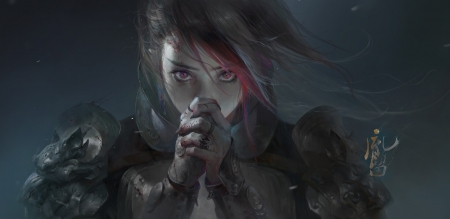 Please! - art, girl, armor, hand, dark, tea me, fantasy, face, luminos, teame, warrior