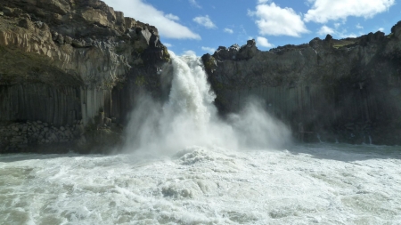 Aldeyjarfoss, Iceland - river, clouds, sky, rocks, cascade, cliff