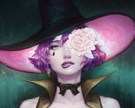 Witch - art, fantasy, fruit bk, fruitbk, frumusete, gace, girl, green, halloween, hat, luminos, pink, rose, witch