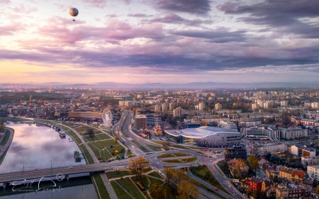 Krakow, Poland - river, clouds, Krakow, balloon, Poland