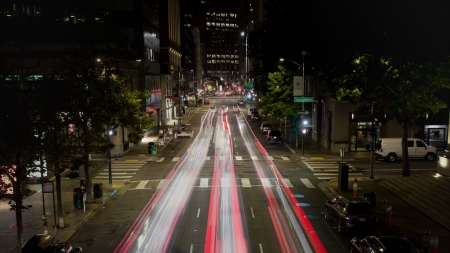 California Street Long Exposure - long exposure, car lights, streets, california, traffic, architecture