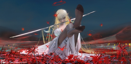 Spider lily - girl, sword, shiwen liu, flower, fantasy, red, art, luminos, spider lily