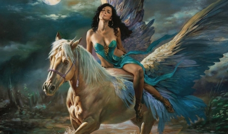 Pegasus Rider - fantasy, woman, digital, girl, art, horse, wallpaper