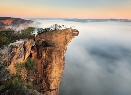 austialia outback - sunlight, trees, mist, shrubs, cliffs, rocks