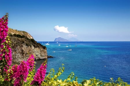 Aeolian islands - horizons, summer, beautiful, island, sea, flowers, view, sky, rocks