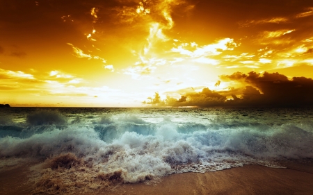 Golden Sunset Beach - sand, water, sunset, beach