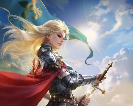 Warrior girl - wind, fantasy, red, cheng huang, girl, warrior, armor