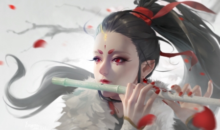 The flute singer - ruby eyes, fuuym, creature, fantasy, instrument, hand, red, flute, face, luminos