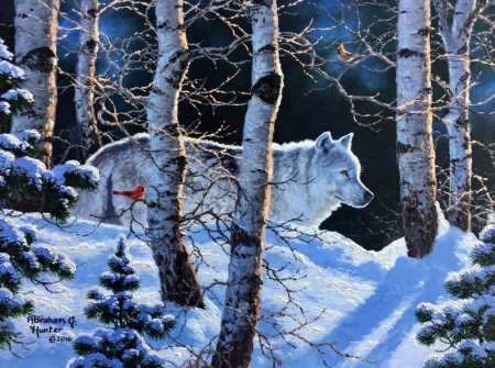 Wolf in winter - winter, bird, art, abraham hunter, wolf, painting, pictura, iarna, forest, lup, cardinal