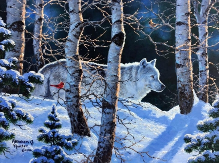 Wolf in winter - bird, cardinal, winter, wolf, forest, abraham hunter, lup, pictura, painting, iarna, art