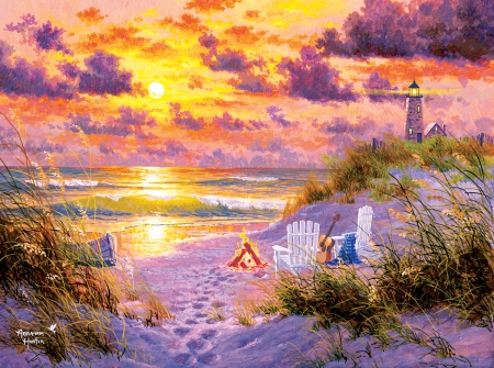 Sunset beach - water, summer, beach, sea, abraham hunter, pictura, sunset, painting, art, vara