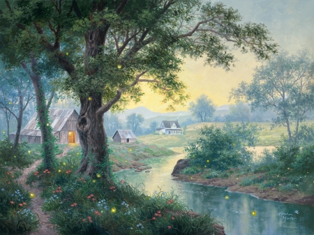 Firefly farm - night, abraham hunter, painting, art, pictura, firfly, farm