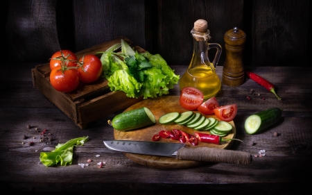 Vegetable Still Life - knife, cucumbers, tomatoes, oil, vegetables