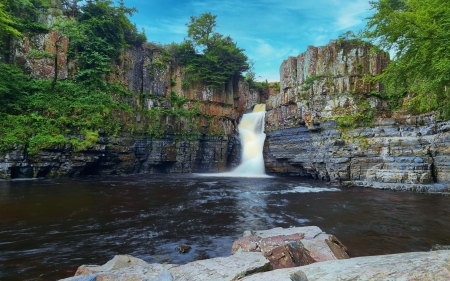 High Force, England - cliff, river, rocks, sky, tees, trees