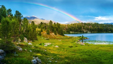 Wind River Range, Wyoming - rainbow, landscape, trees, water, usa, stones