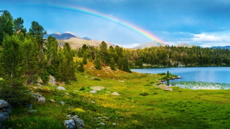 Wind River Range, Wyoming - usa, trees, water, rainbow, landscape, stones