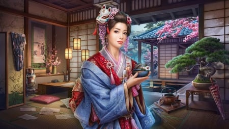 Sakura - sakura, geisha, beautiful, girl, fantasy, lamamake, digital, woman, hidden city, art, wallpaper