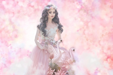 My Pink World - white, swans, ethereal, beautiful, soft, girl, pink