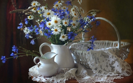 Summer Still Life - daisies, basket, cornflowers, lace, still life