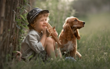 Boy with Dog - dog, boy, hat, smile