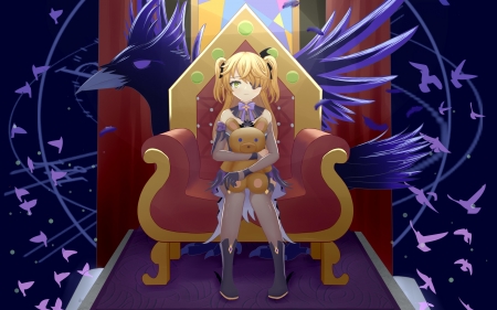 Girl with Teddy Bear - Teddy bear, crow, anime, Genshin Impact, throne, girl