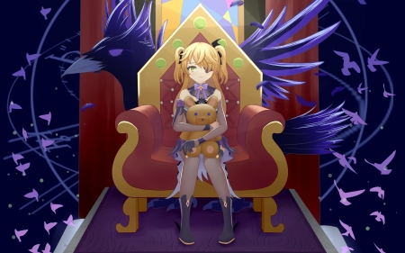 Girl with Teddy Bear - throne, anime, Genshin Impact, crow, Teddy bear, girl