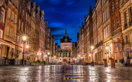 Gdansk, Poland - street, Gdansk, Poland, lanterns, night, houses