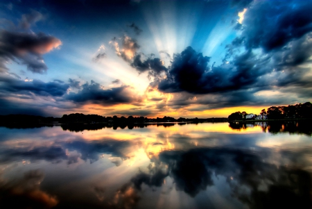 reflection - horizon, trees, water, image, sunset, nature, reflection, charming, skies, sunrise, scenereflection