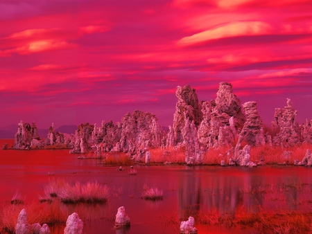 ono Lake-California - sky, lake, trees, red, beautiful, sunset, mountains