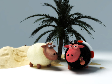 Sun Burnt Sheepz - white, sheep, sun burnt, red, 3d, tree, palm, black