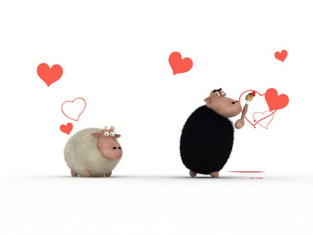 Luv Sheepz - love, paining, black, white, sheep, hearts, 3d, wall, brush