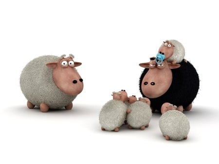 A Large Sheepz Family - white, sheep, kid, children, 3d, family, black