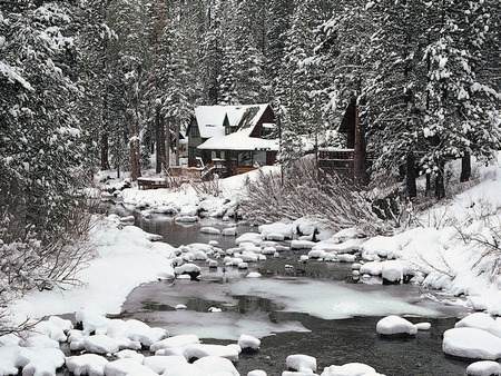 Lo Cabin Creek - ice, forest, snow, river, beautiful, house