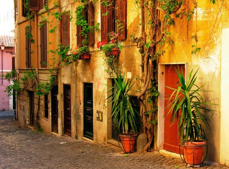 Street of Old Rome, Italy - houses, architeture, beautiful, streets, plants